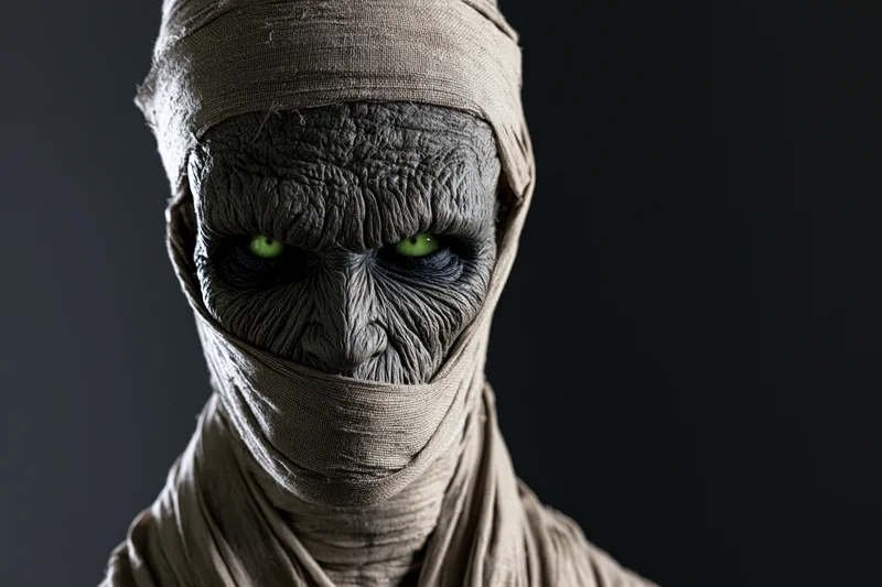 Mummy with deeply wrinkled grey skin and glowing green eyes wrapped in linen bandages against dark background