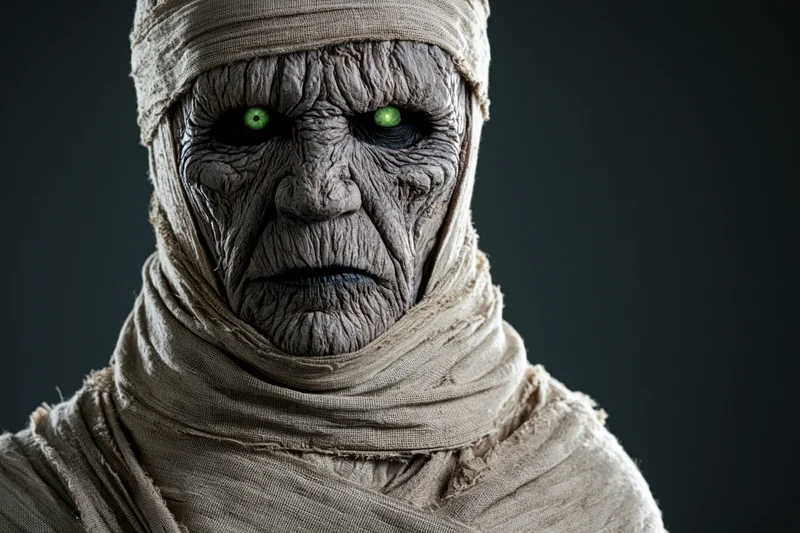 Mummy with deeply wrinkled grey skin and glowing green eyes wrapped in linen bandages in studio portrait