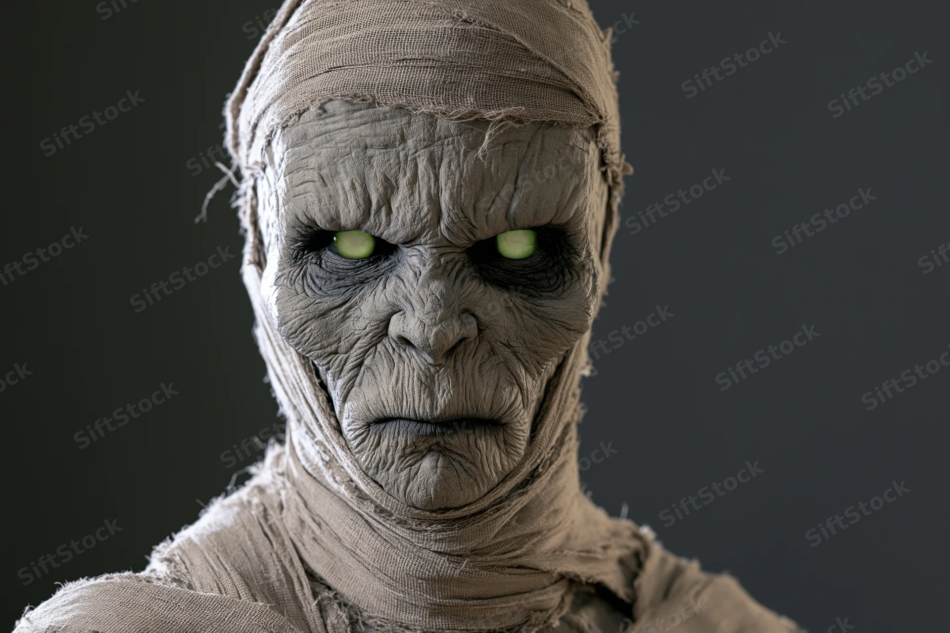Mummy with deeply wrinkled grey skin and glowing green eyes wrapped in linen bandages in a dark studio setting