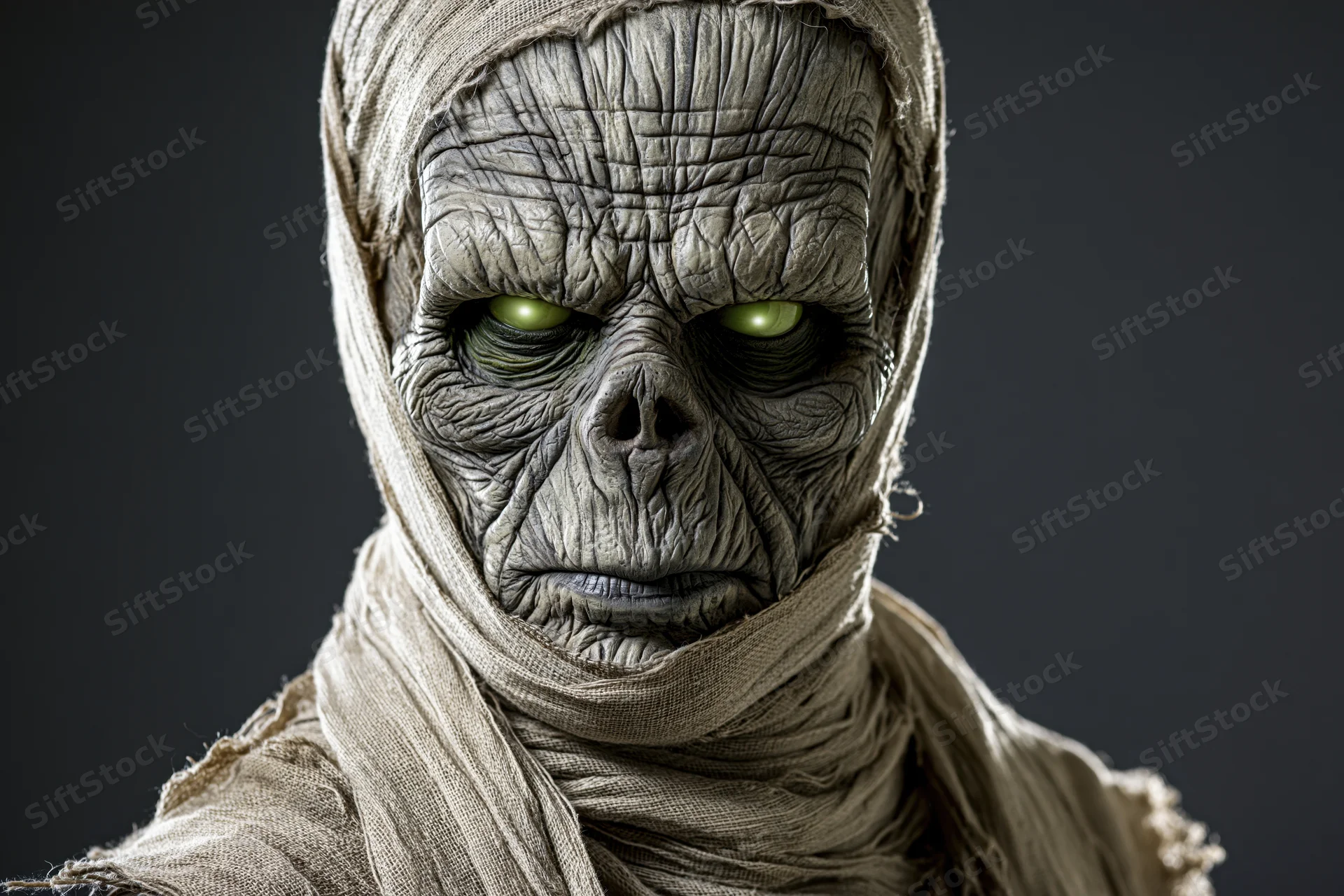 Mummy with deeply wrinkled grey skin and glowing green eyes wrapped in linen bandages in studio portrait