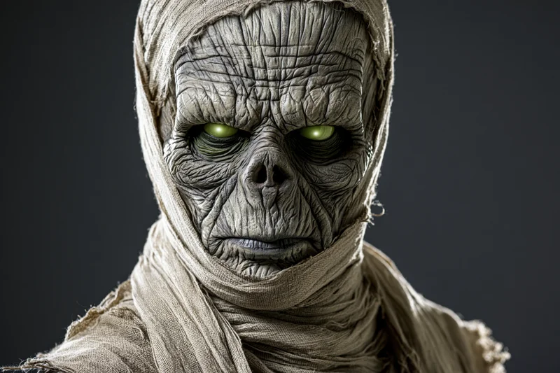 Mummy with deeply wrinkled grey skin and glowing green eyes wrapped in linen bandages in studio portrait