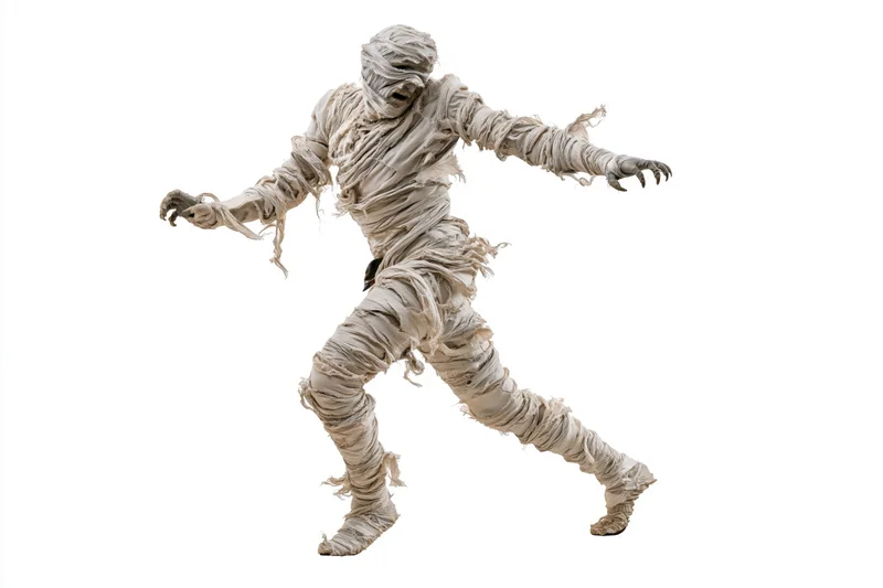 Mummy in costume running mid-stride against white background