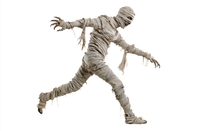 Mummy costume character running mid-stride isolated on white background