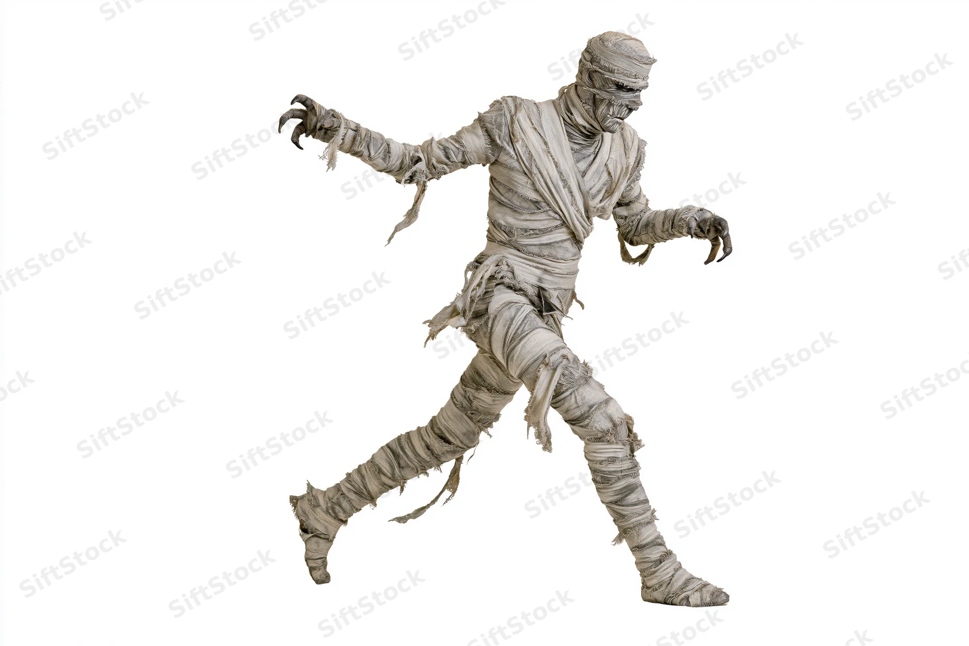 Mummy in costume running mid-stride isolated on white background