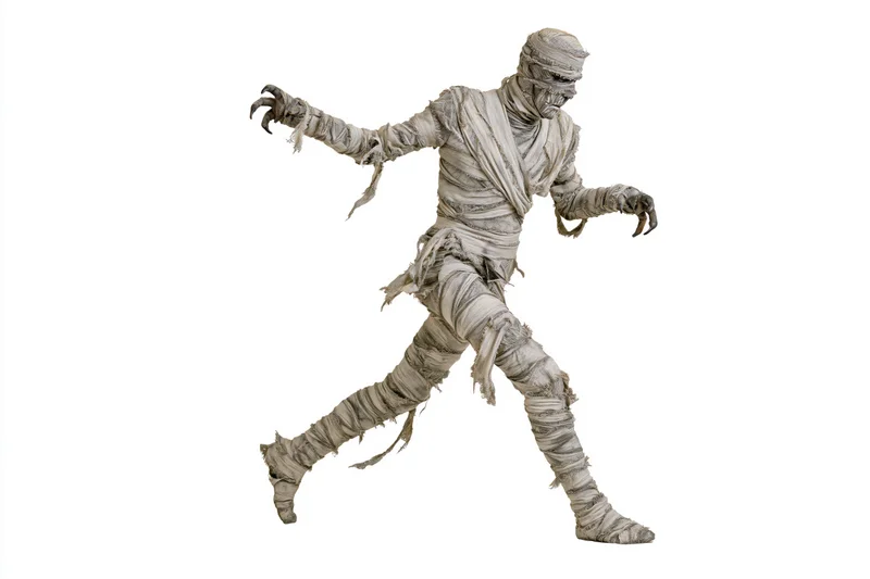 Mummy in costume running mid-stride isolated on white background
