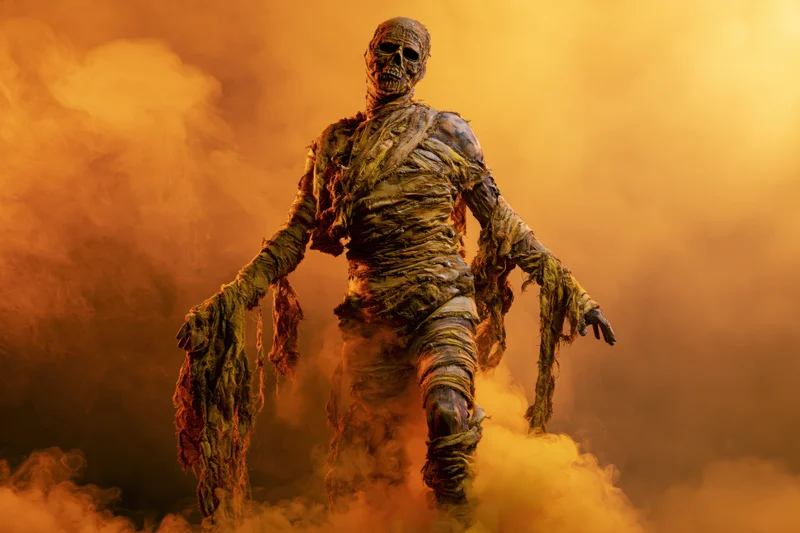 Mummy in costume standing dramatically amidst orange smoke