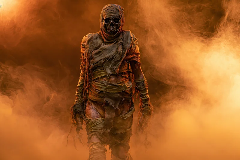 Mummy in tattered bandages standing in smoky orange light