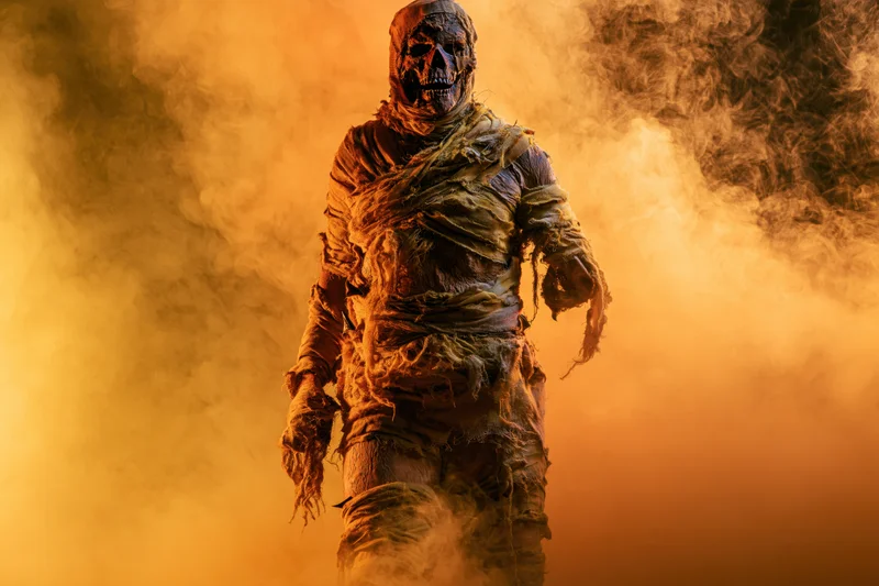 Mummy in tattered bandages standing in orange smoke with dramatic lighting
