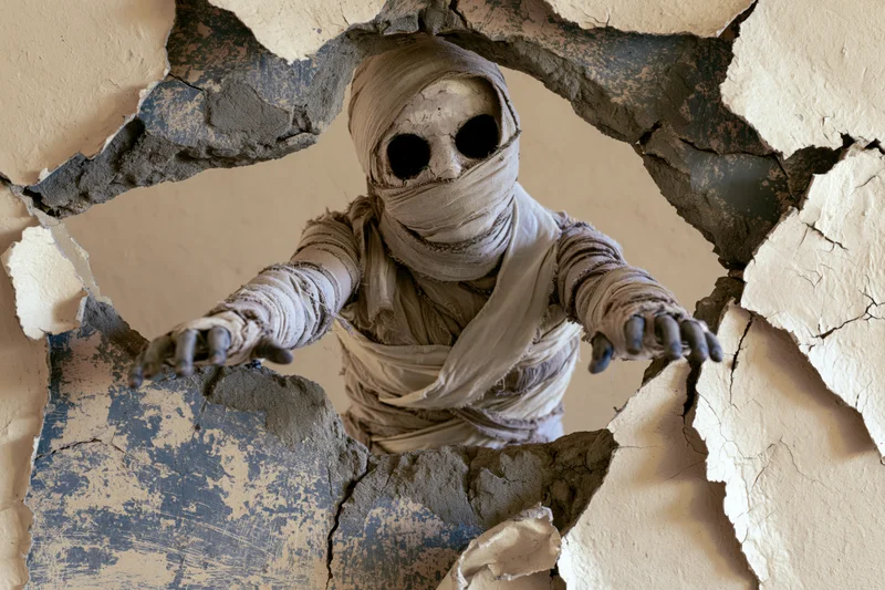 Mummy in linen bandages emerging through cracked plaster wall