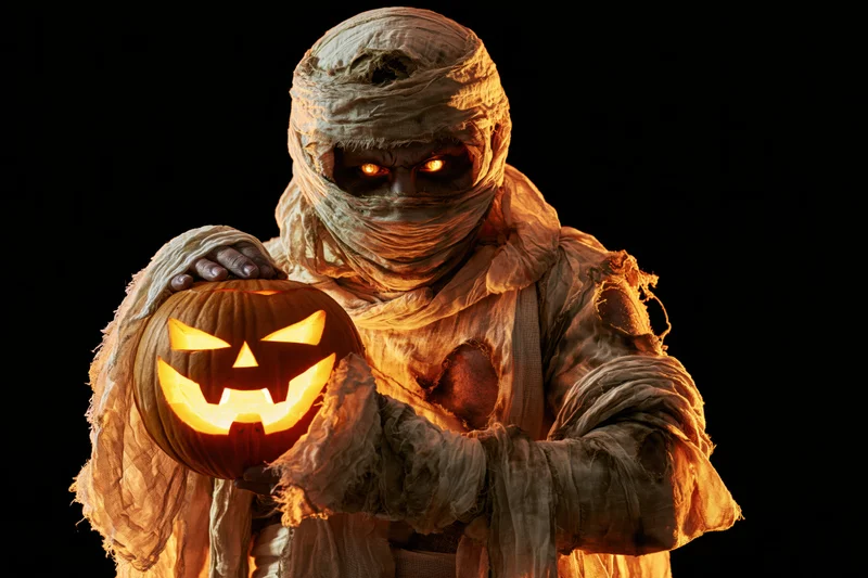 Mummy in linen bandages holding glowing jack-o'-lantern against black background