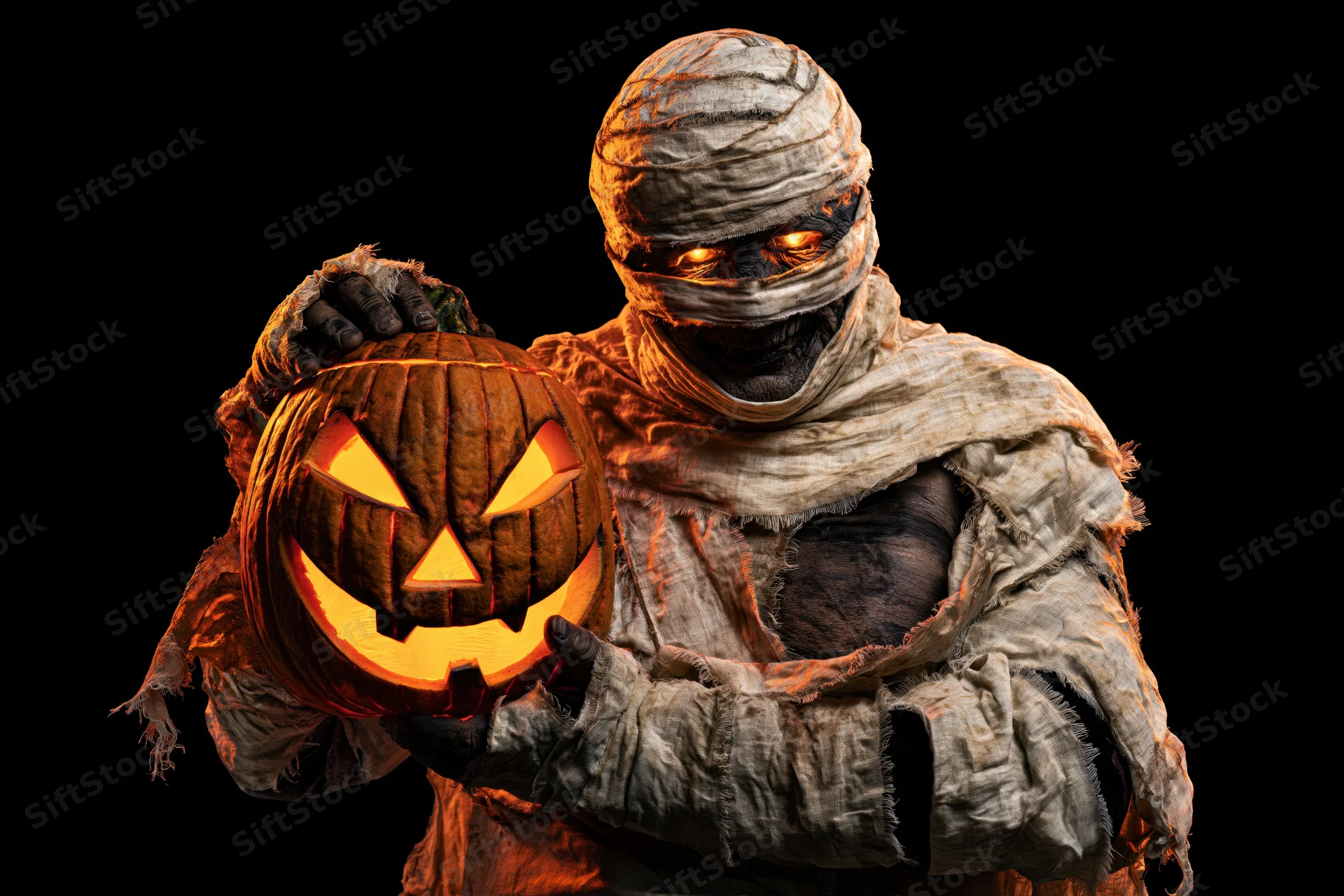 Mummy in linen bandages holding a glowing jack-o'-lantern against black background