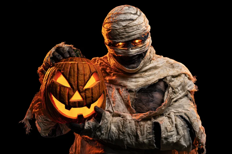 Mummy in linen bandages holding a glowing jack-o'-lantern against black background
