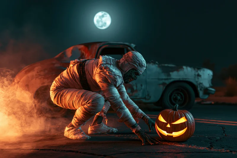 Mummy in costume crouching and reaching toward a glowing jack-o-lantern on a deserted road at night