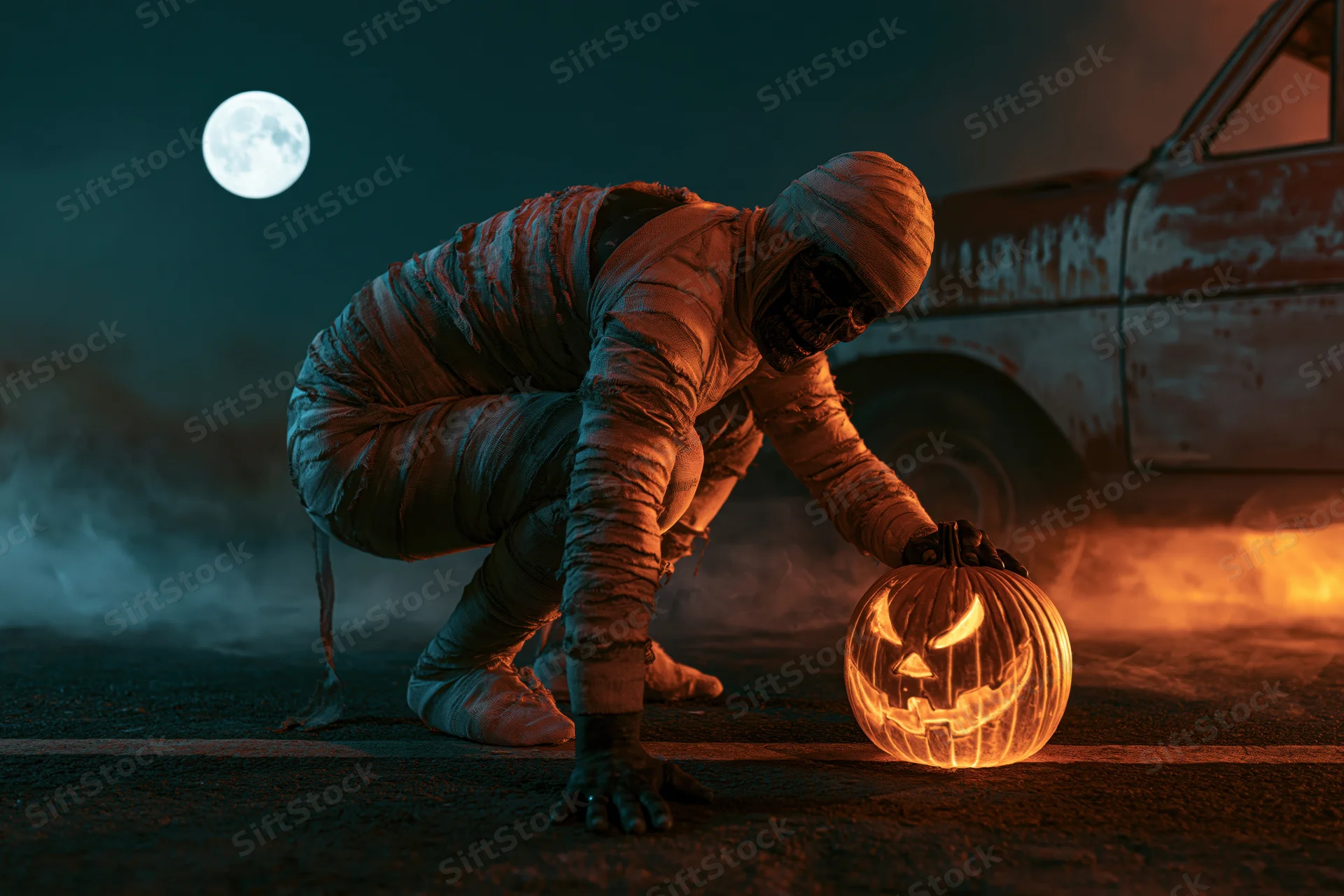 Mummy in costume crouching to touch glowing jack-o-lantern on dark road at night