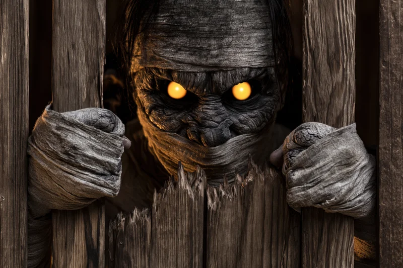 Mummy creature with glowing amber eyes peering through wooden fence