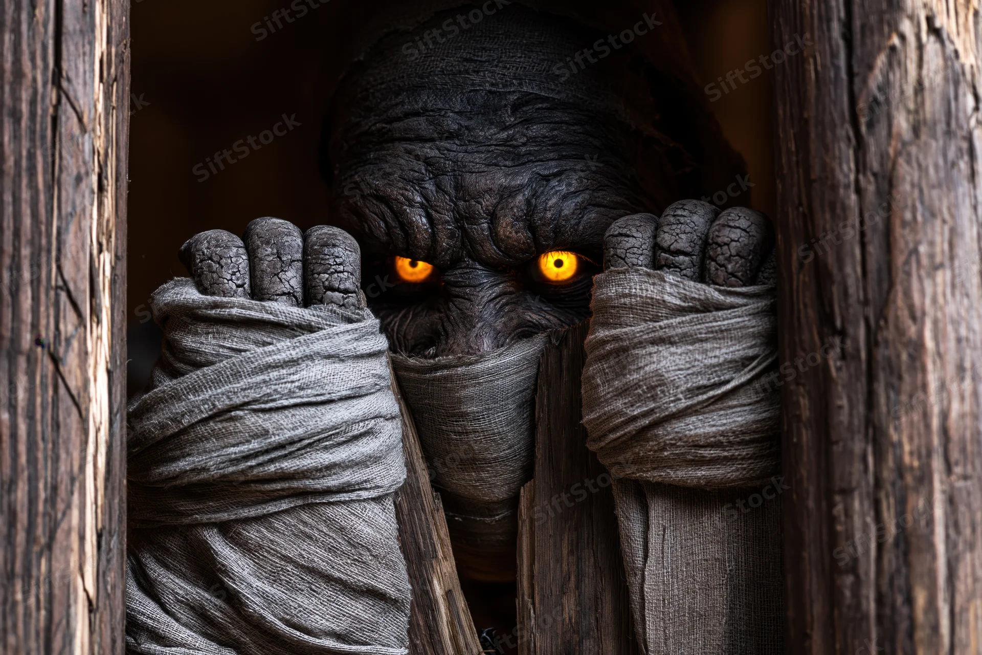 Mummy creature with glowing amber eyes peeking through wooden door frame