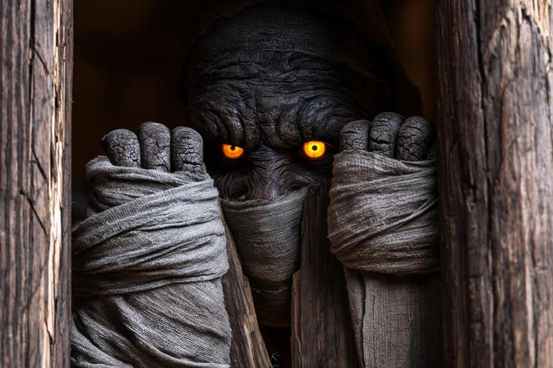 Mummy creature with glowing amber eyes peeking through wooden door frame