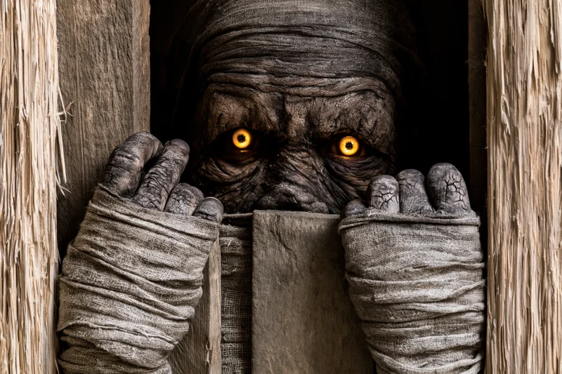 Mummy creature with glowing amber eyes peering through wooden frame