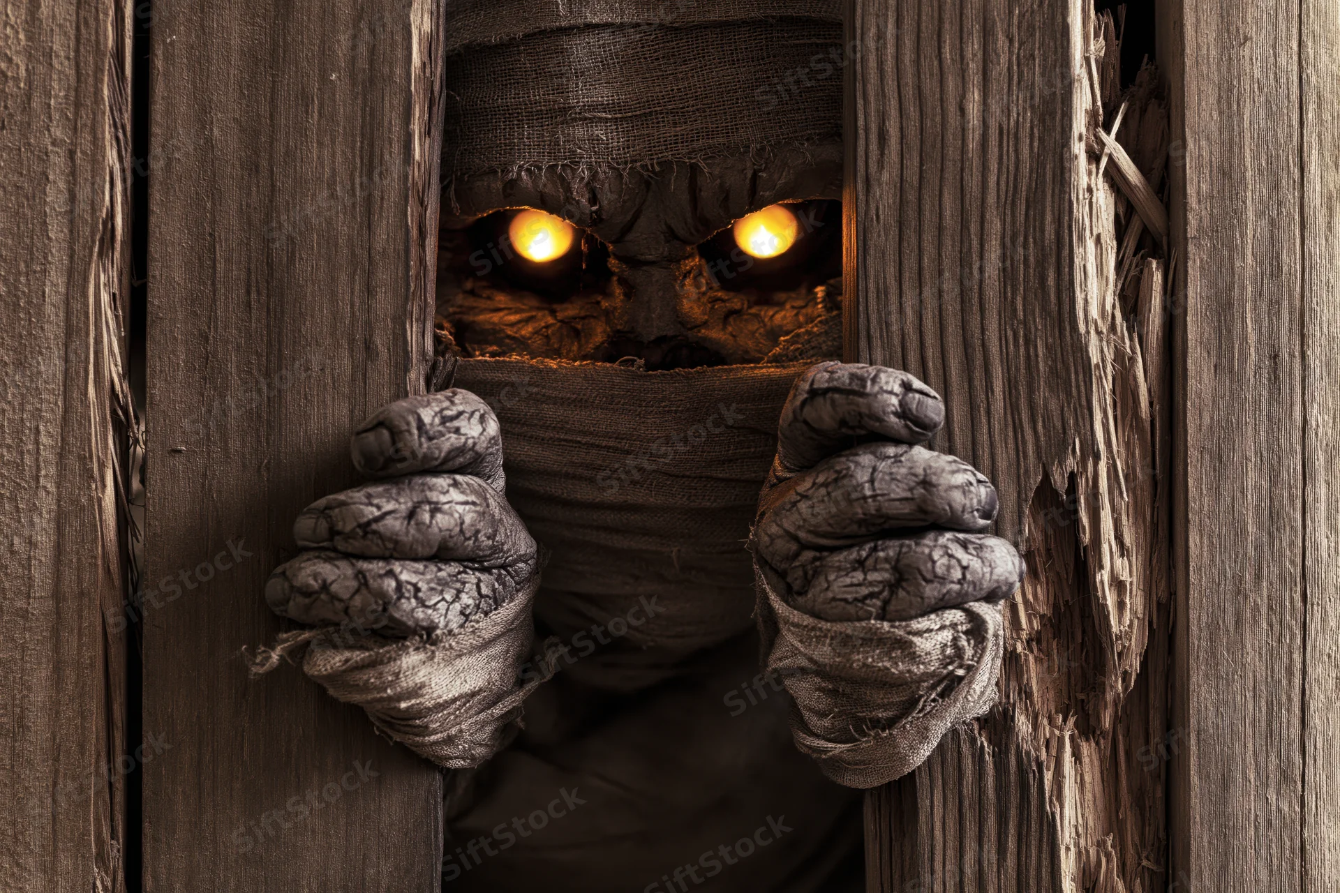 Mummy creature with glowing amber eyes peering through a cracked wooden door