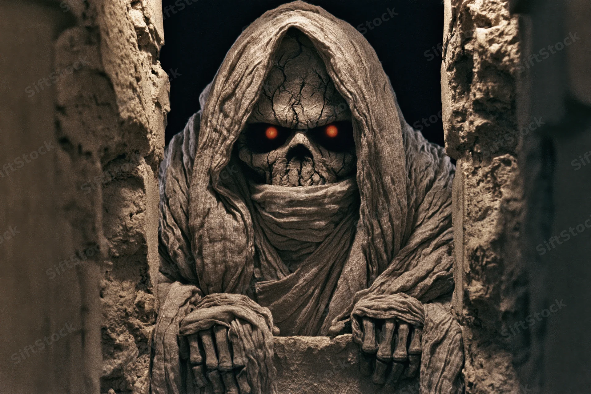 Hooded mummy creature with glowing red eyes leaning forward between stone ruins