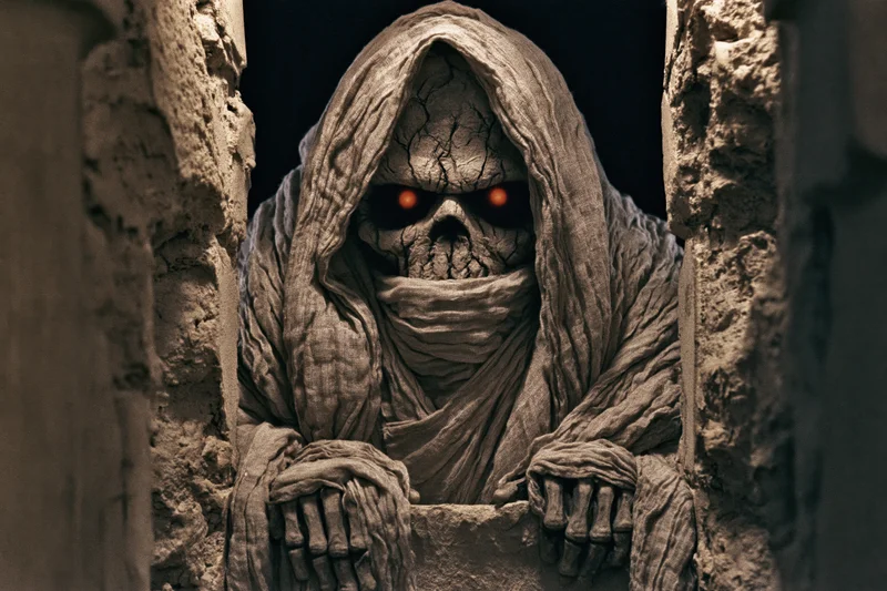 Hooded mummy creature with glowing red eyes leaning forward between stone ruins
