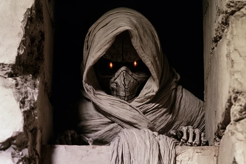 Mummy creature with glowing red eyes leaning forward between stone ruins