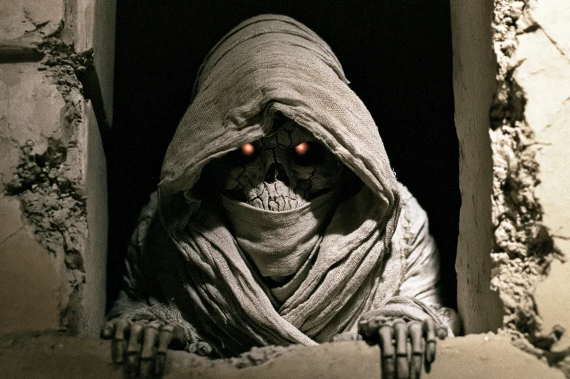 Mummy creature with glowing red eyes leaning forward between stone ruins