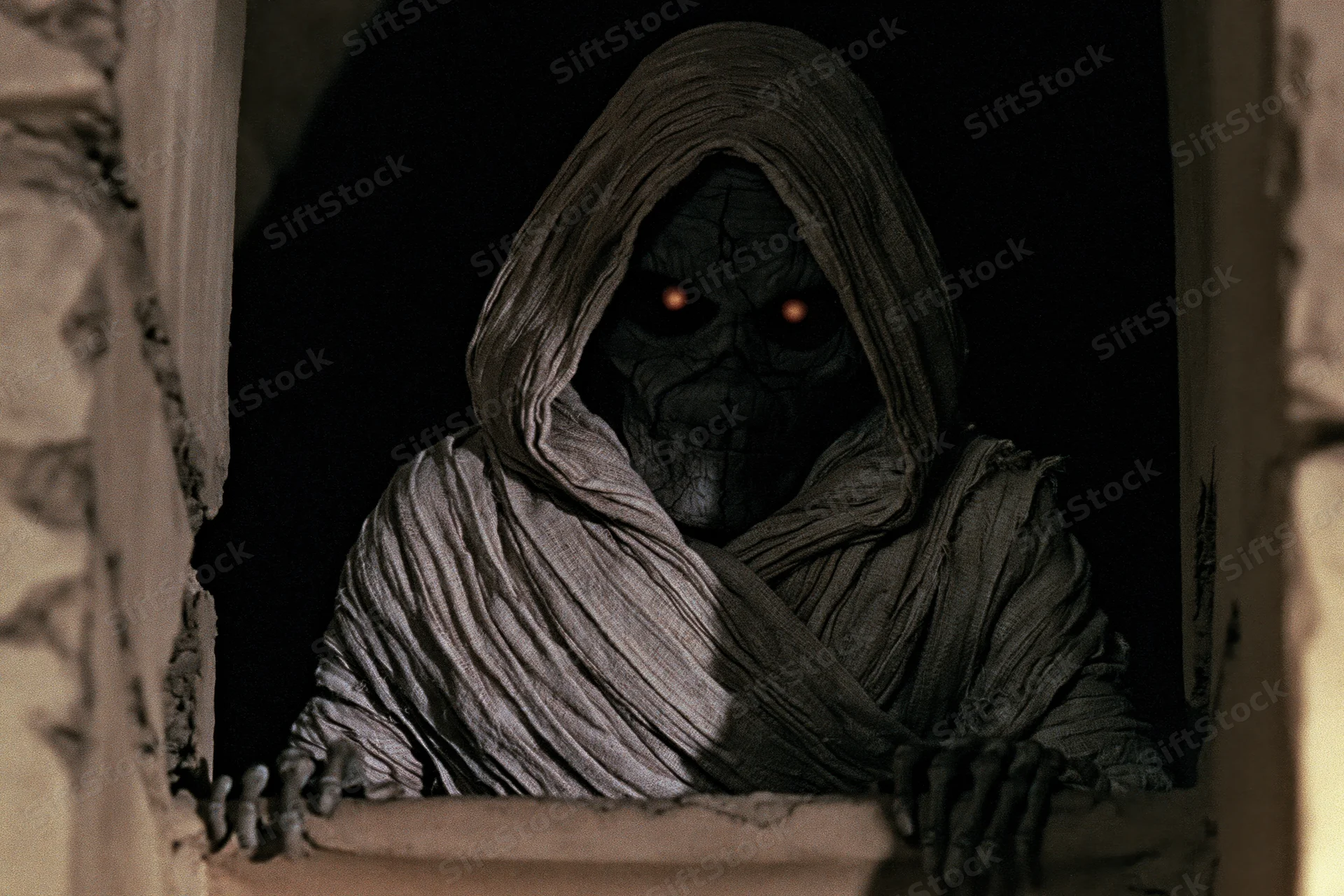 Mummy creature with glowing red eyes leaning forward through a broken window frame in a dark ruin
