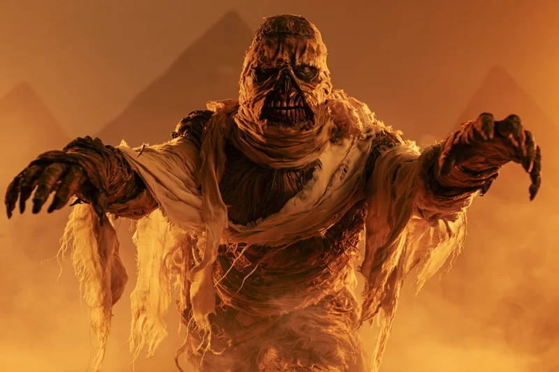 Mummy monster in costume lunging forward in desert with pyramids in background