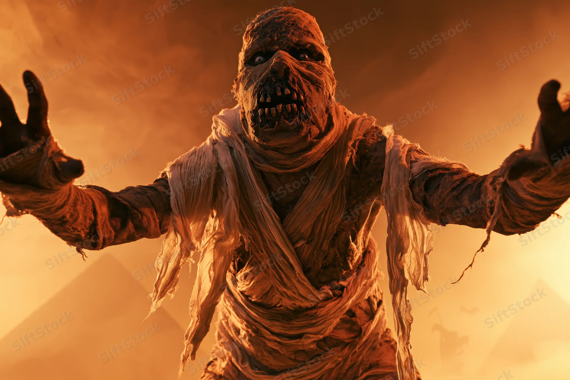 Mummy monster in costume lunging forward with arms outstretched in desert at sunset