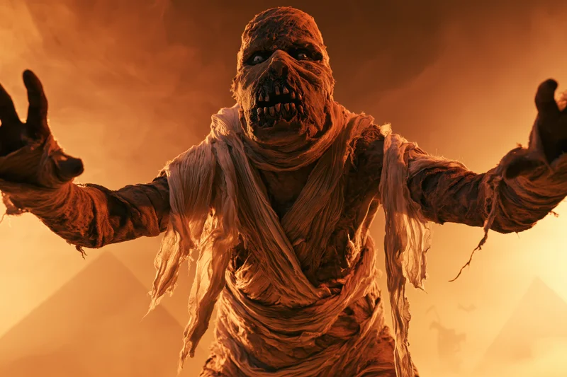 Mummy monster in costume lunging forward with arms outstretched in desert at sunset