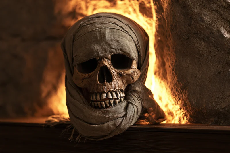Mummy skull wrapped in aged linen bandages with exposed teeth resting on a stone ledge in a fiery tomb setting