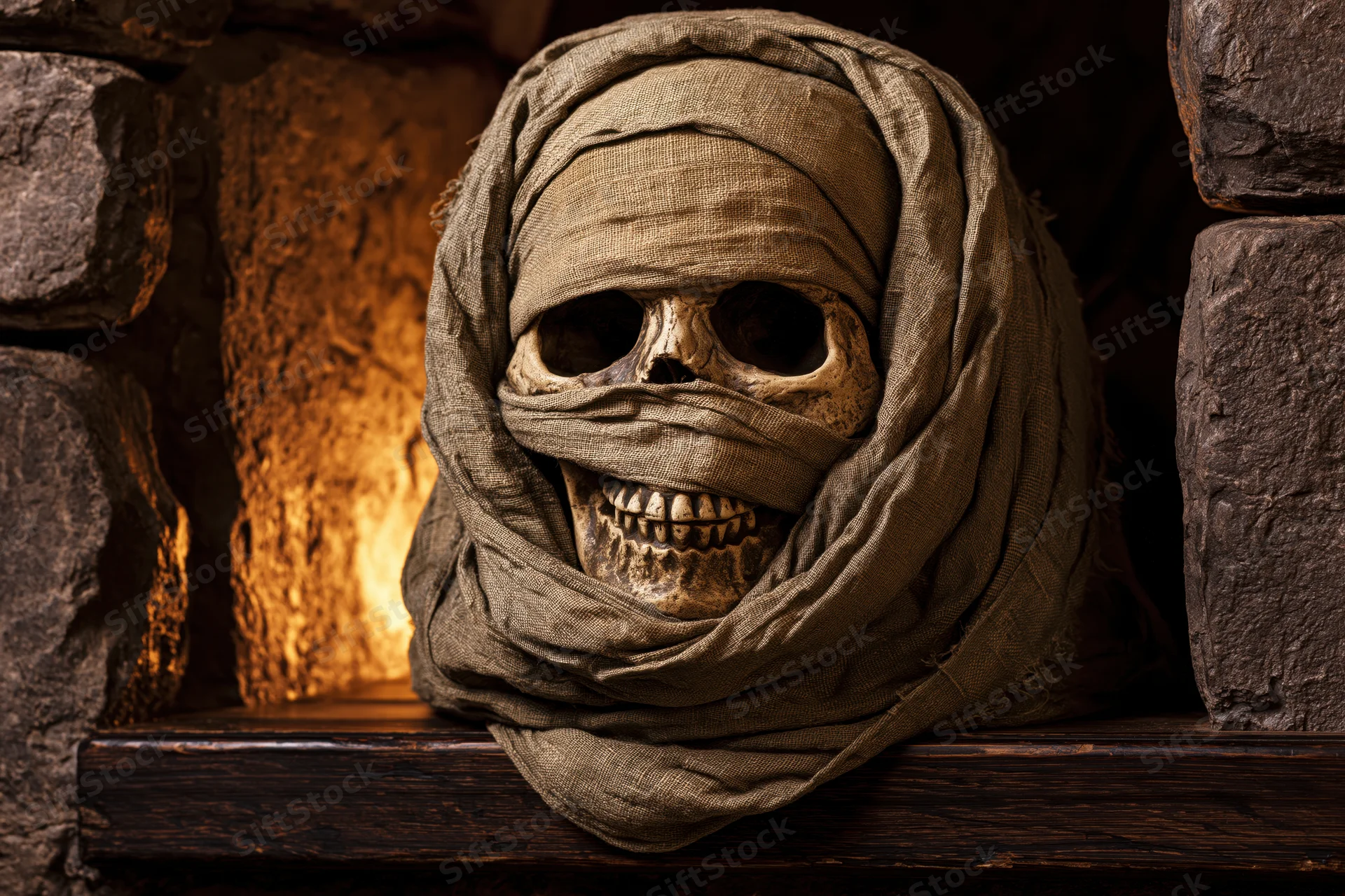 Mummy skull wrapped in aged linen bandages with exposed teeth on wooden shelf near stone fireplace with warm glow