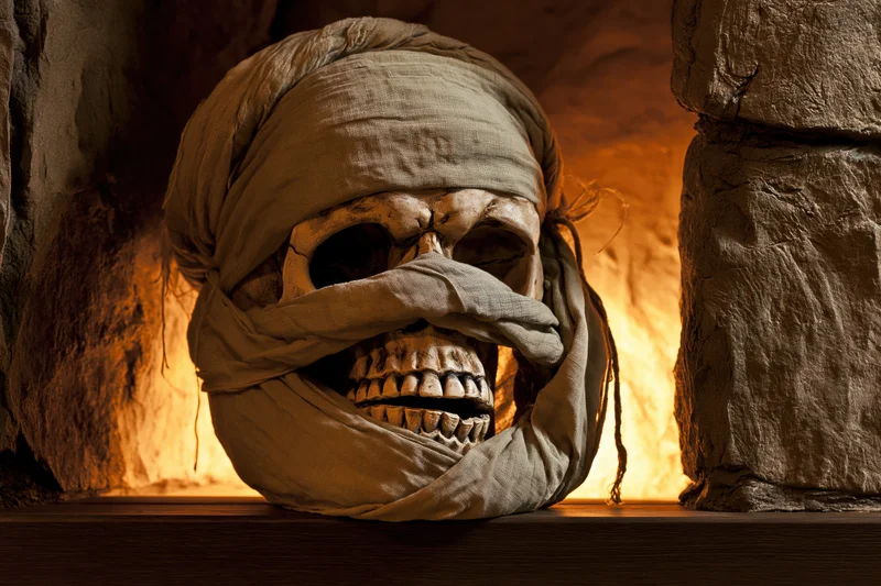 Mummy skull wrapped in aged linen bandages with exposed teeth resting on stone shelf in dimly lit tomb setting