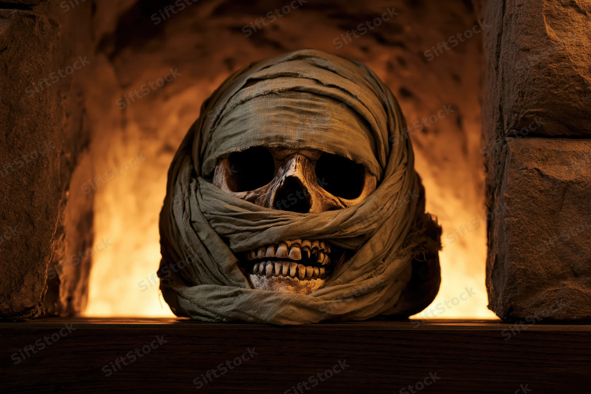 Mummy skull wrapped in aged linen bandages with exposed teeth resting on wooden surface in dimly lit stone tomb setting