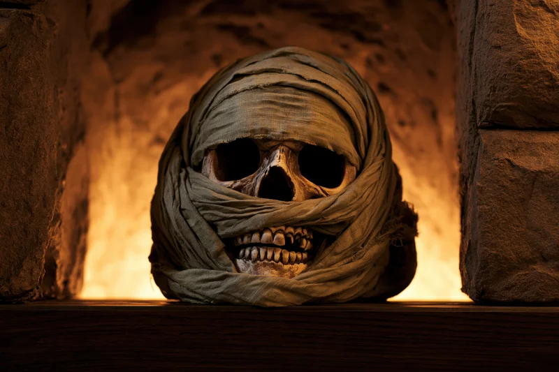Mummy skull wrapped in aged linen bandages with exposed teeth resting on wooden surface in dimly lit stone tomb setting
