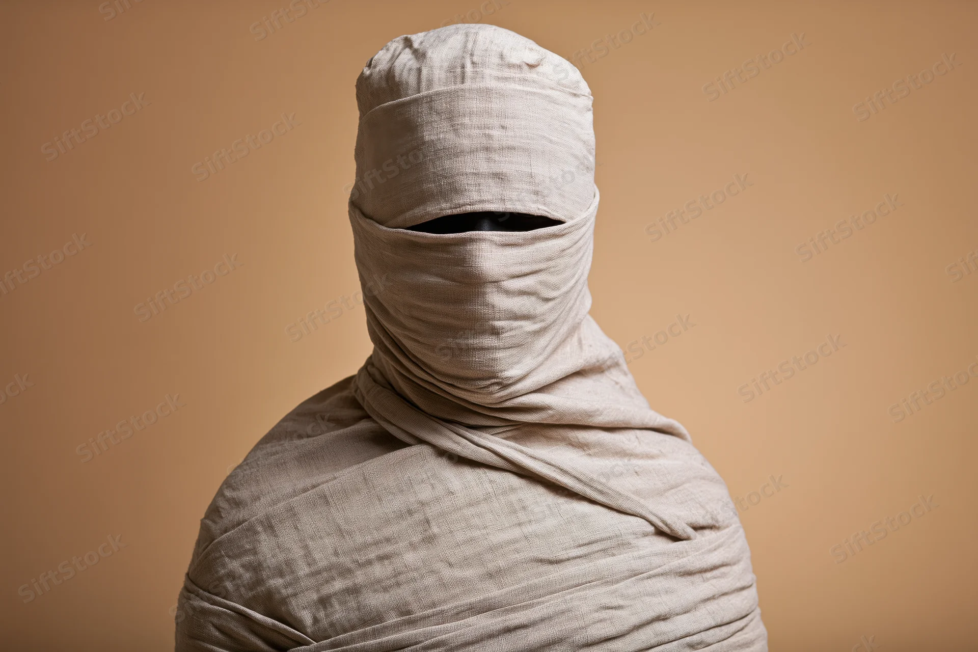 Person wrapped in linen bandages from head to shoulders against a plain beige background