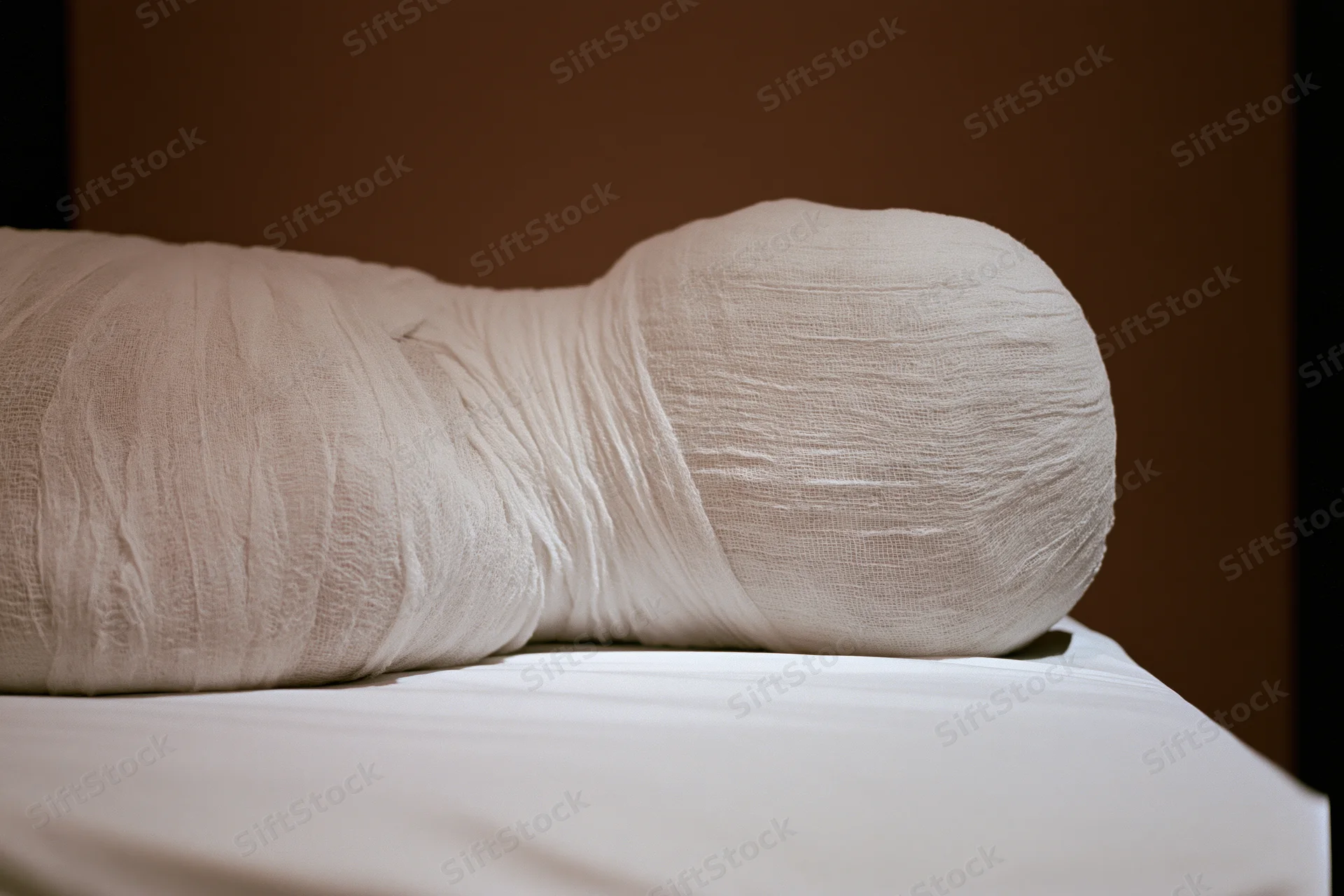 Wrapped human form lying on a white surface with linen bandages covering the body and head
