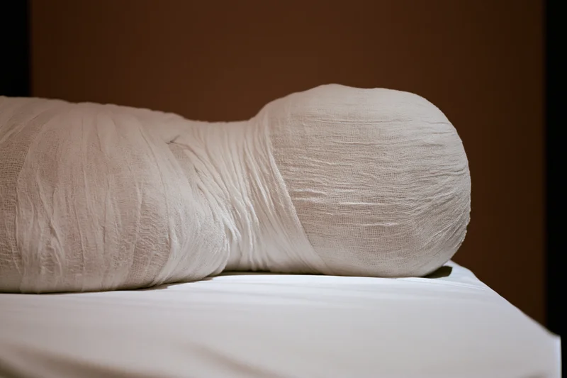 Wrapped human form lying on a white surface with linen bandages covering the body and head