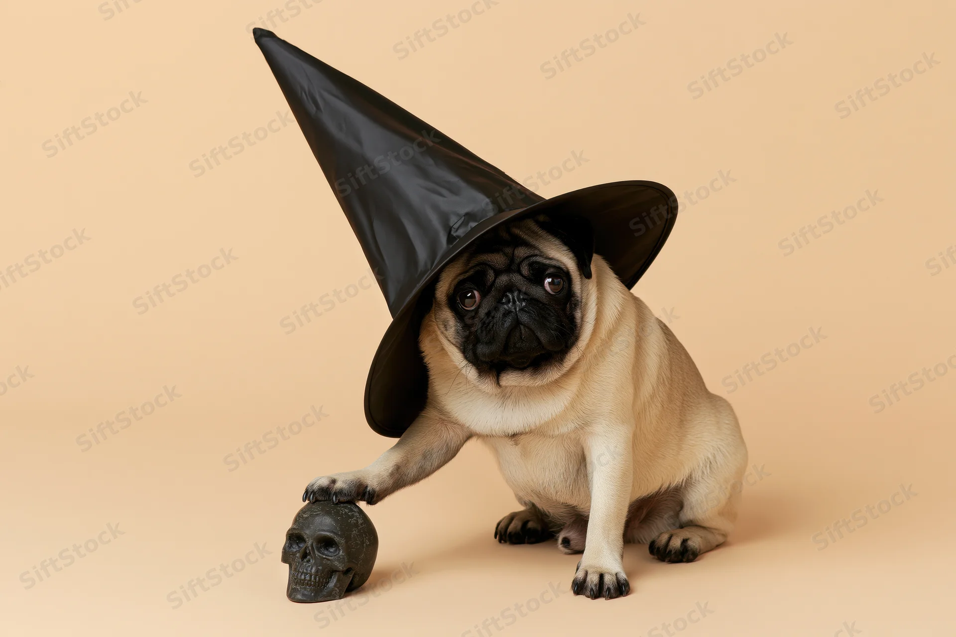 Pug wearing oversized black witch hat sitting with skull prop on beige background