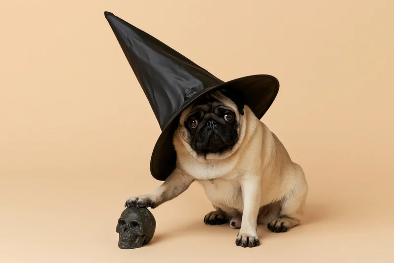 Pug wearing oversized black witch hat sitting with skull prop on beige background