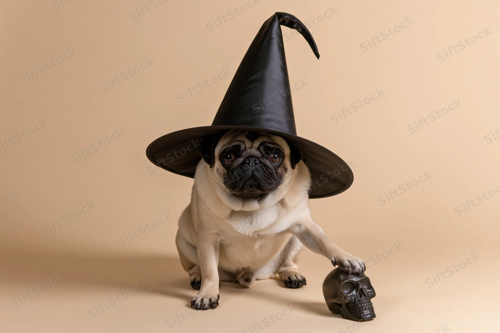 Pug wearing oversized black witch hat sitting with paw on skull prop on beige background