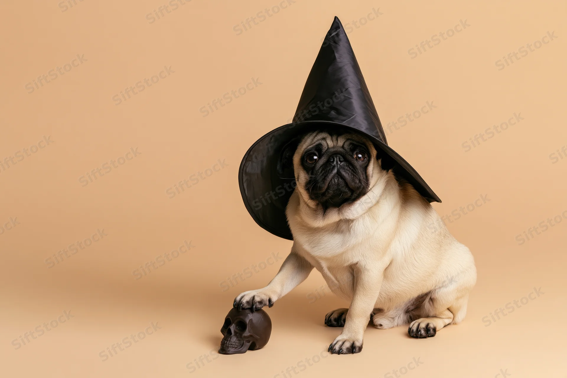 Pug wearing oversized black witch hat sitting beside small skull prop on beige background