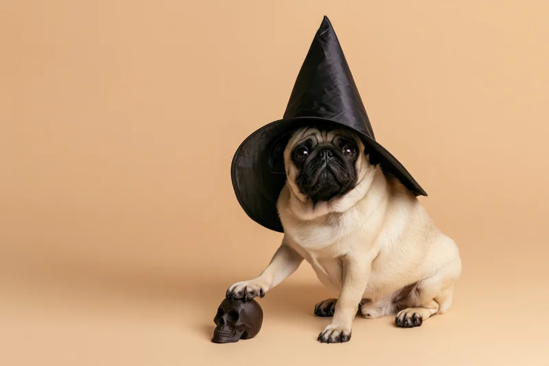 Pug wearing oversized black witch hat sitting beside small skull prop on beige background