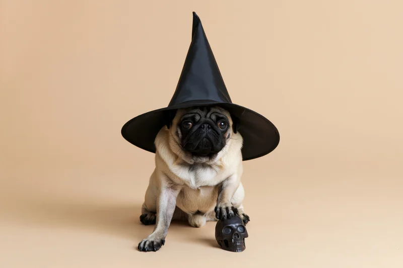 Pug wearing oversized black witch hat sitting with skull prop on beige background