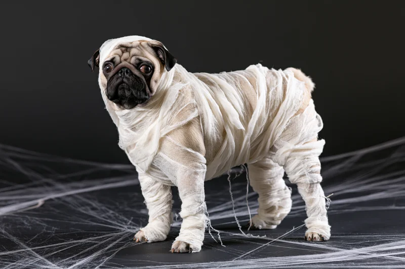Pug dog wrapped in white gauze bandages as a mummy costume standing on dark floor with spiderwebs for halloween