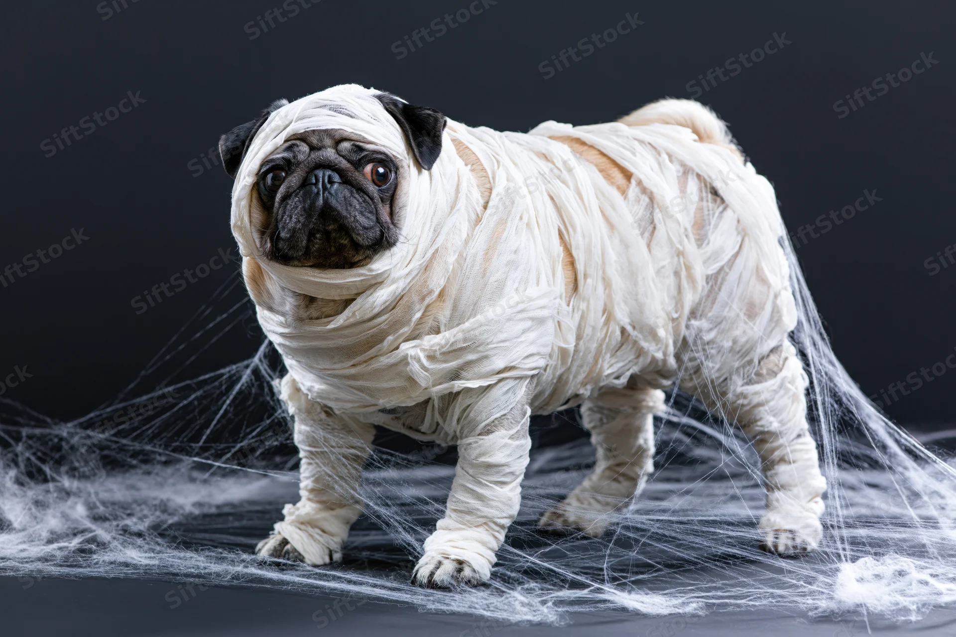 Pug wrapped in white gauze bandages as a mummy costume on dark background with spiderwebs