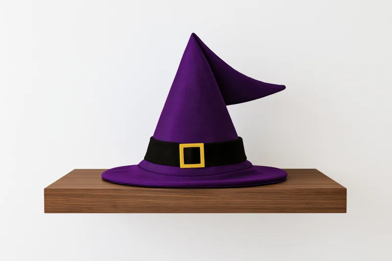 Purple pointed witch hat with black band and gold buckle resting on wooden shelf