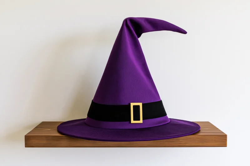 Purple pointed witch hat with black band and gold buckle resting on wooden shelf
