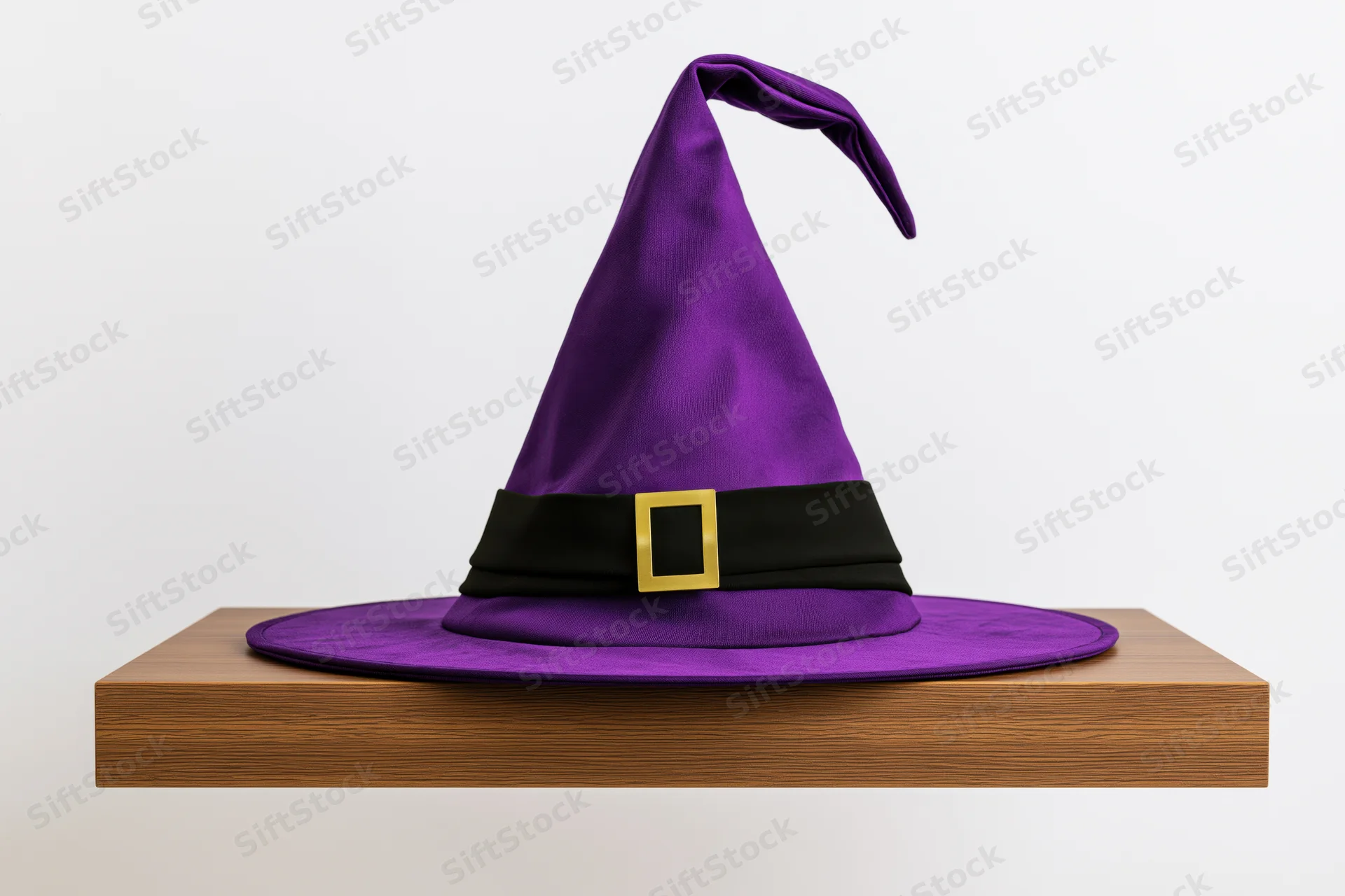 Purple pointed witch hat with black band and gold buckle resting on wooden shelf